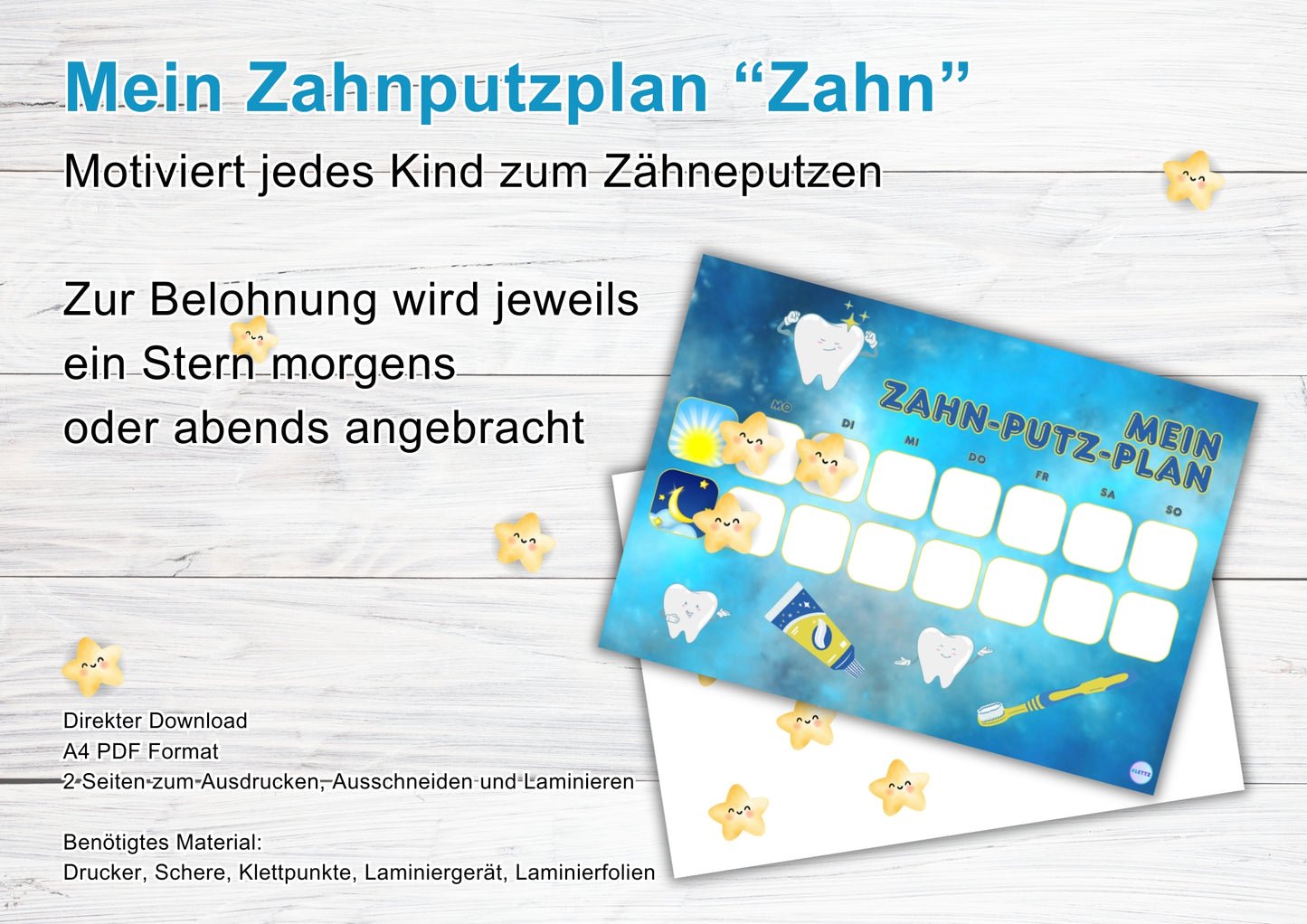 Mein Zahnputzplan 'Zahn' – Motivationsplan für Kinder zum Zähneputzen mit Stern-Belohnungssystem. Sterne als Belohnung für morgendliches und abendliches Zähneputzen. PDF zum Download, Ausschneiden und Laminieren.