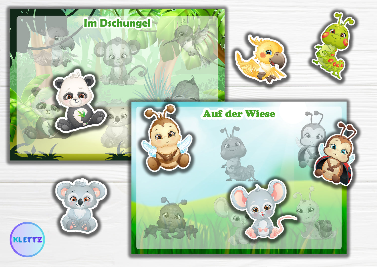 DIY Klettspiel mit Tieren aus dem Dschungel und von der Wiese. Bunte Spielkarten mit einem Panda, Koala und weiteren Tieren, die Kinder zuordnen und ankletten können. Lernspiel zur Förderung von Feinmotorik und logischem Denken für Kinder.