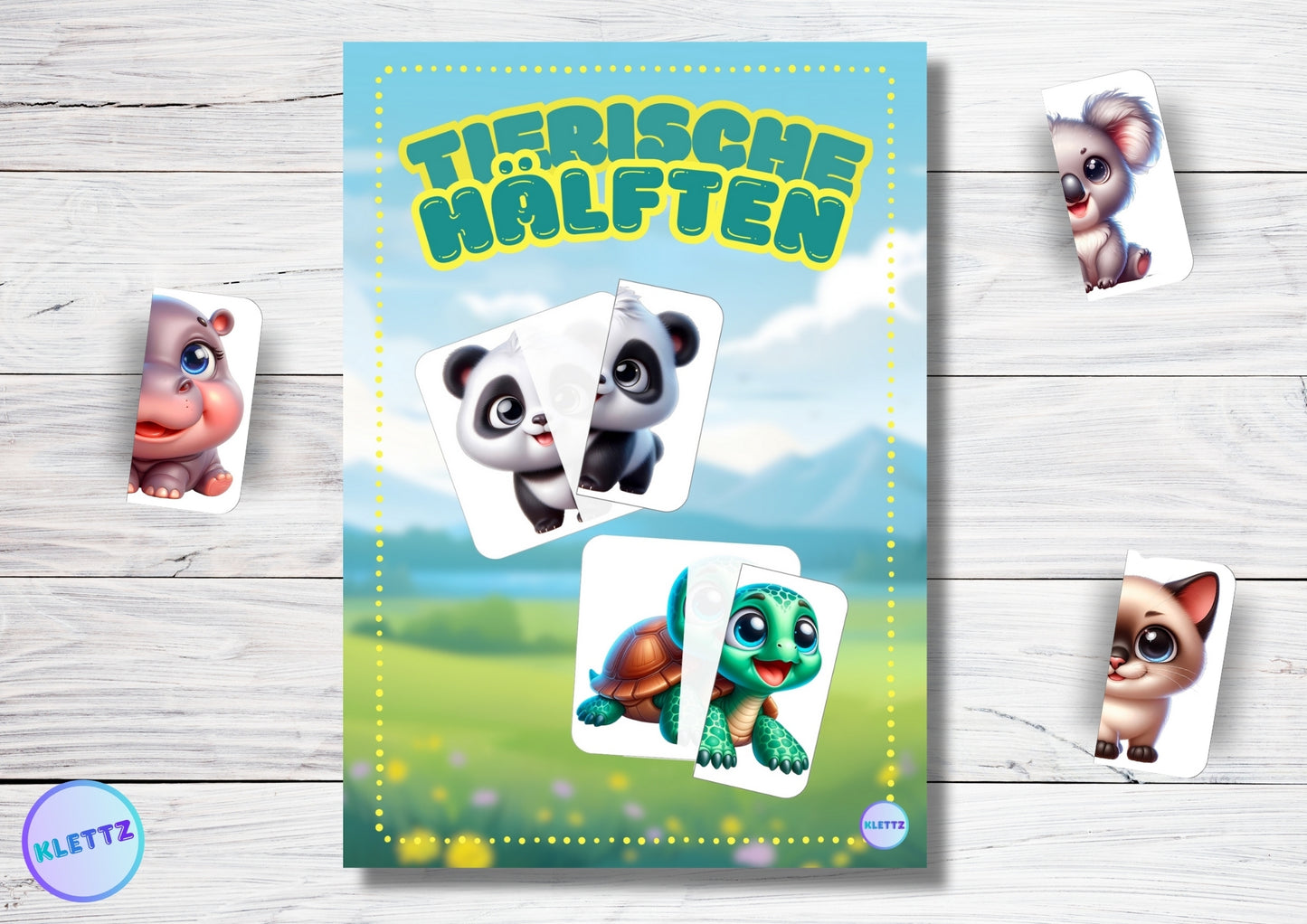 DIY-Spiel 'Tierische Hälften' mit einem Kartenspiel, bei dem Kinder Tierhälften wie Panda, Koala, Nilpferd und Katze richtig zusammenfügen müssen. Lernspiel zur Förderung der Hand-Auge-Koordination und Problemlösungsfähigkeit.