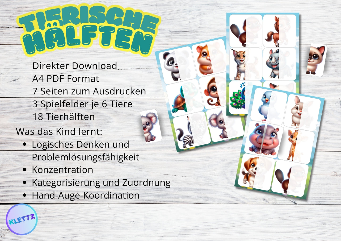 Tierische Hälften Lernspiel im PDF-Format. Enthält 3 Spielfelder mit 18 Tierhälften, darunter Tiere wie Panda, Nilpferd und Koala. Fördert logisches Denken, Konzentration und Kategorisierung bei Kindern.
