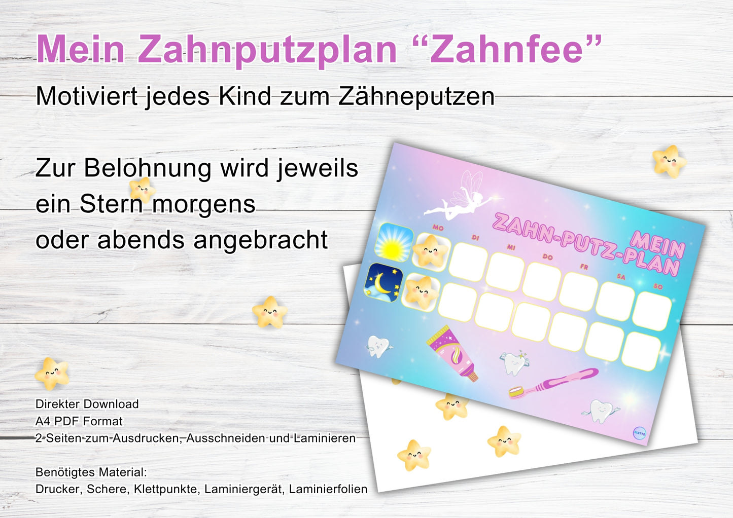 Mein Zahnputzplan 'Zahnfee' – Motivationsplan für Kinder zum Zähneputzen mit Stern-Belohnungssystem. Sterne als Belohnung für morgendliches und abendliches Zähneputzen. PDF zum Download, Ausschneiden und Laminieren.