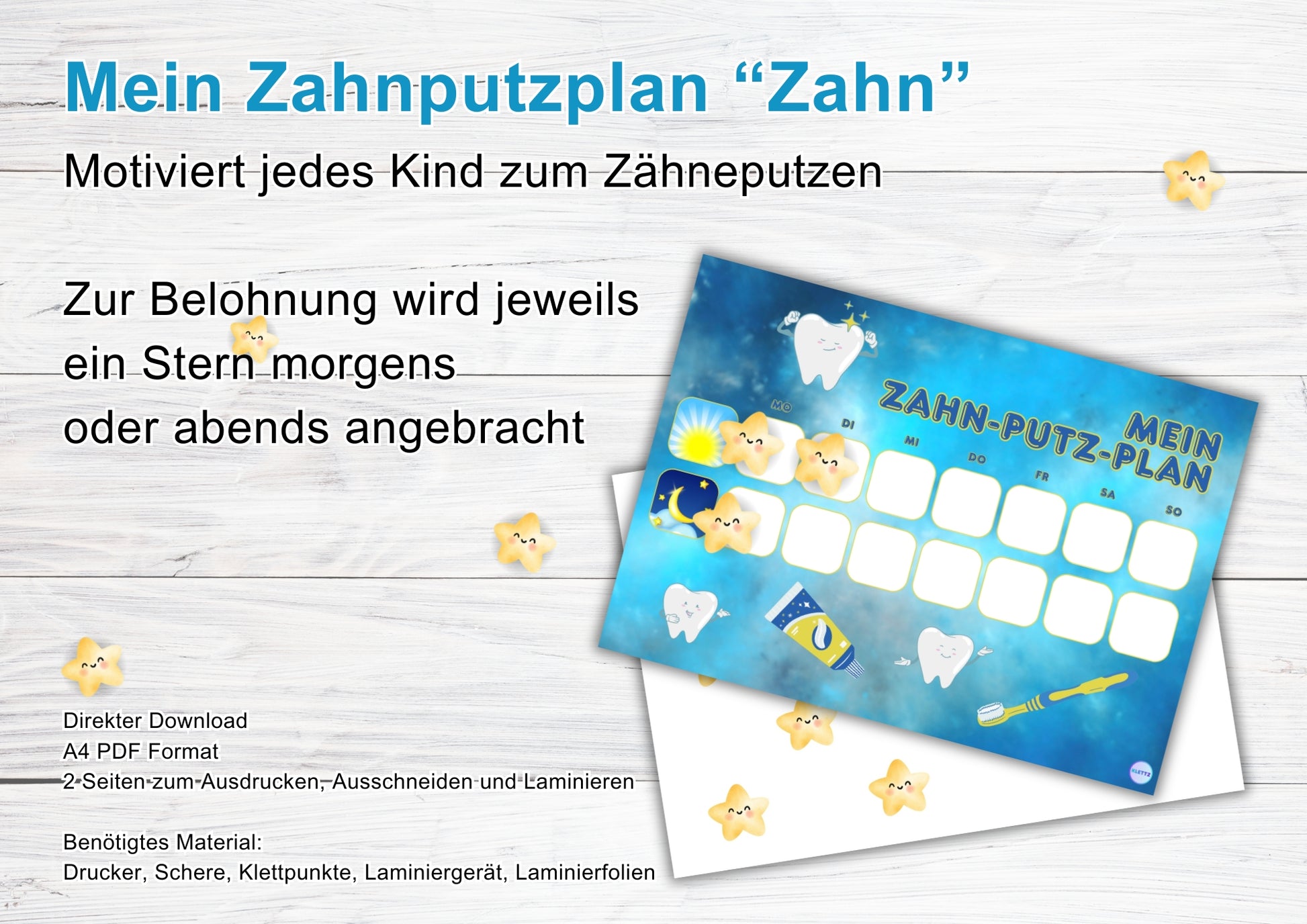 Mein Zahnputzplan 'Zahn' – Motivationsplan für Kinder zum Zähneputzen mit Stern-Belohnungssystem. Sterne als Belohnung für morgendliches und abendliches Zähneputzen. PDF zum Download, Ausschneiden und Laminieren.