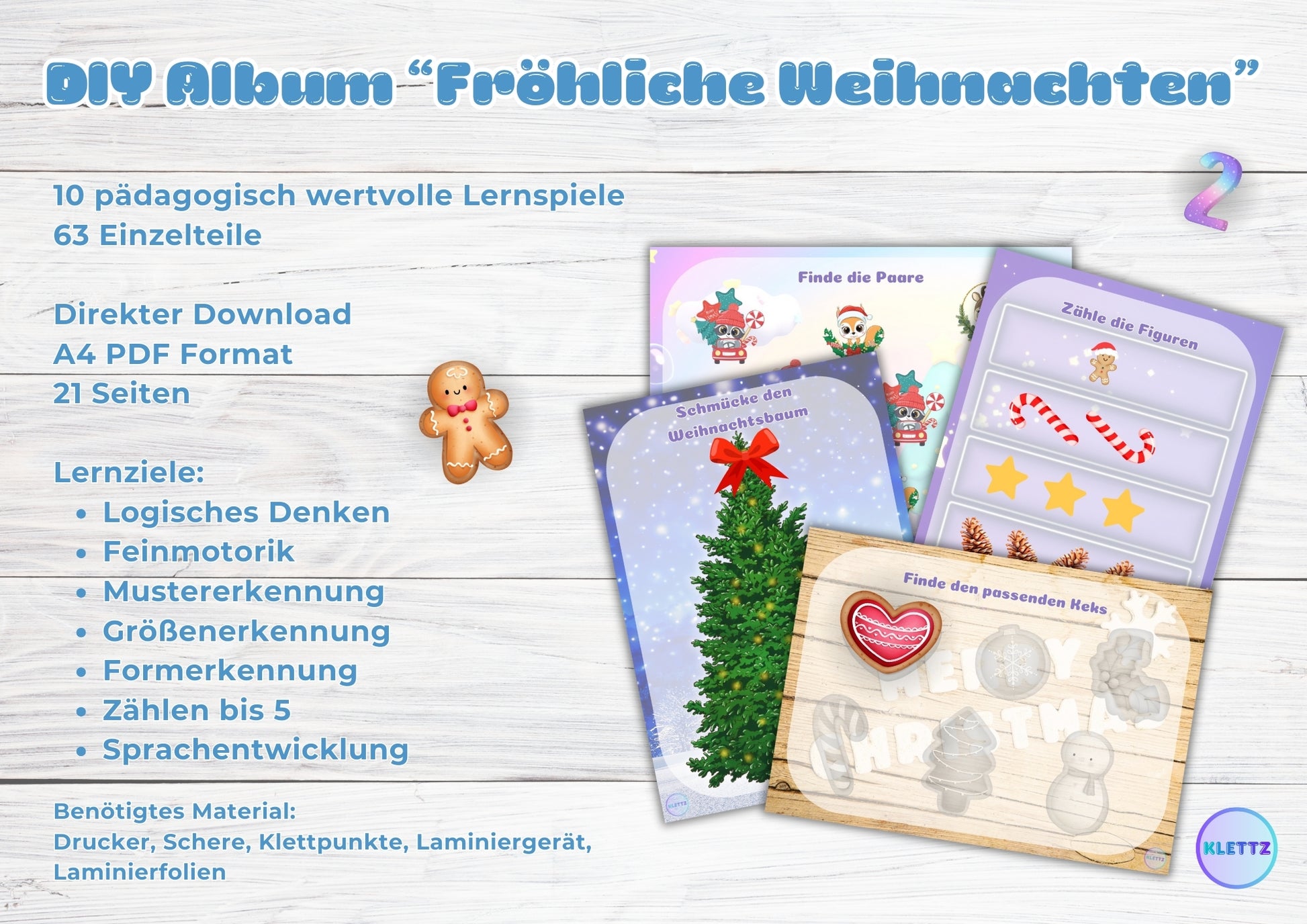 DIY-Weihnachtsspielset mit Lernspielen zum Ausdrucken, inklusive bunter Arbeitsblätter. Aktivitäten wie den Weihnachtsbaum schmücken, Paare finden und Figuren zählen. Mit Anweisungen auf Deutsch und Lernzielen wie logisches Denken, Feinmotorik und Mustererkennung. Ideal für Vorschulkinder und Kindergarten.