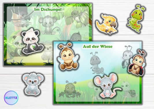 DIY Klettspiel mit Tieren aus dem Dschungel und von der Wiese. Bunte Spielkarten mit einem Panda, Koala und weiteren Tieren, die Kinder zuordnen und ankletten können. Lernspiel zur Förderung von Feinmotorik und logischem Denken für Kinder.