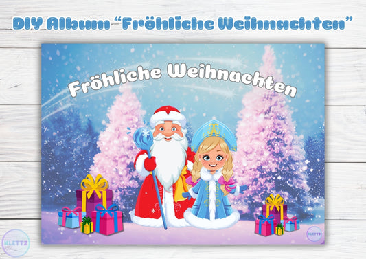 DIY-Weihnachtsalbum-Cover mit Cartoon-Figuren von Weihnachtsmann und Schneemädchen vor einem verschneiten, festlichen Hintergrund mit geschmückten Bäumen und Geschenken. Der Text lautet 'Fröhliche Weihnachten' in fröhlicher weißer Schrift. Perfekt für pädagogische und kreative Weihnachtsaktivitäten für Kinder.