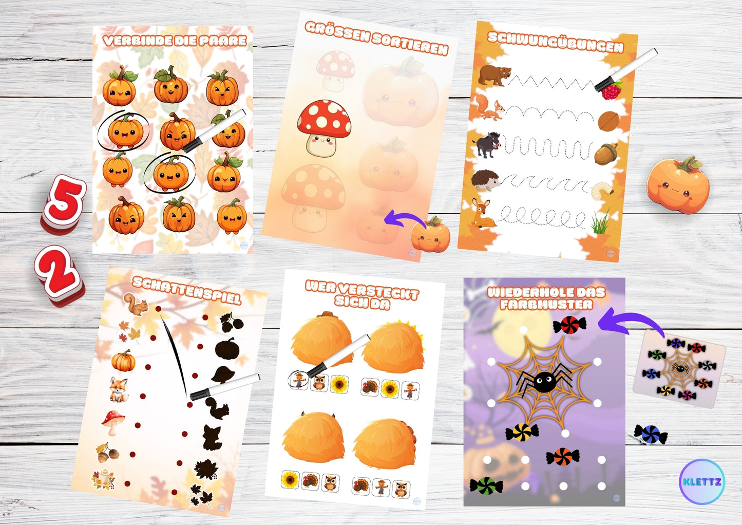 Lernspiel für Kinder mit herbstlichen Aufgaben wie Größen sortieren, Schwungübungen und Schattenrätsel. Spiel fördert Konzentration, Feinmotorik und logisches Denken, ideal für den Herbst.