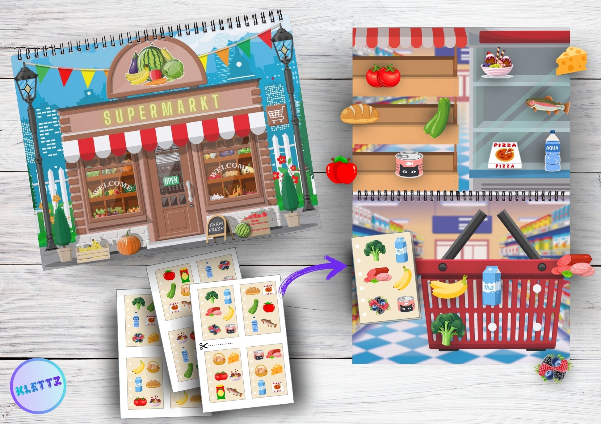DIY Supermarkt-Spiel für Kinder mit Einkaufskorb und Lebensmitteln zum Ausschneiden. Spiel fördert die Feinmotorik, Konzentration und Sprachentwicklung durch das Kategorisieren und Zuordnen von Lebensmitteln.