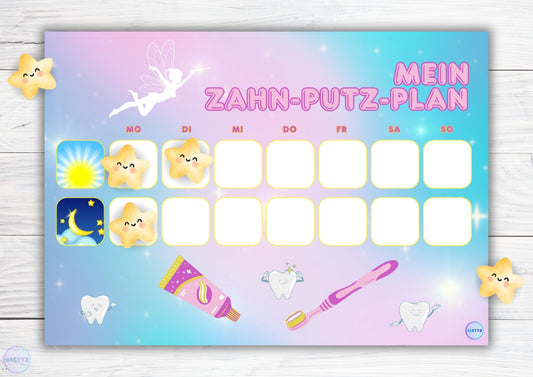 Zahnputzplan für Kinder mit Zahnfee-Motiv und Sternbelohnung. Spielerische Zahnpflegehilfe zur Motivation von Kindern, regelmäßig Zähne zu putzen, mit Feldern für morgendliches und abendliches Zähneputzen.