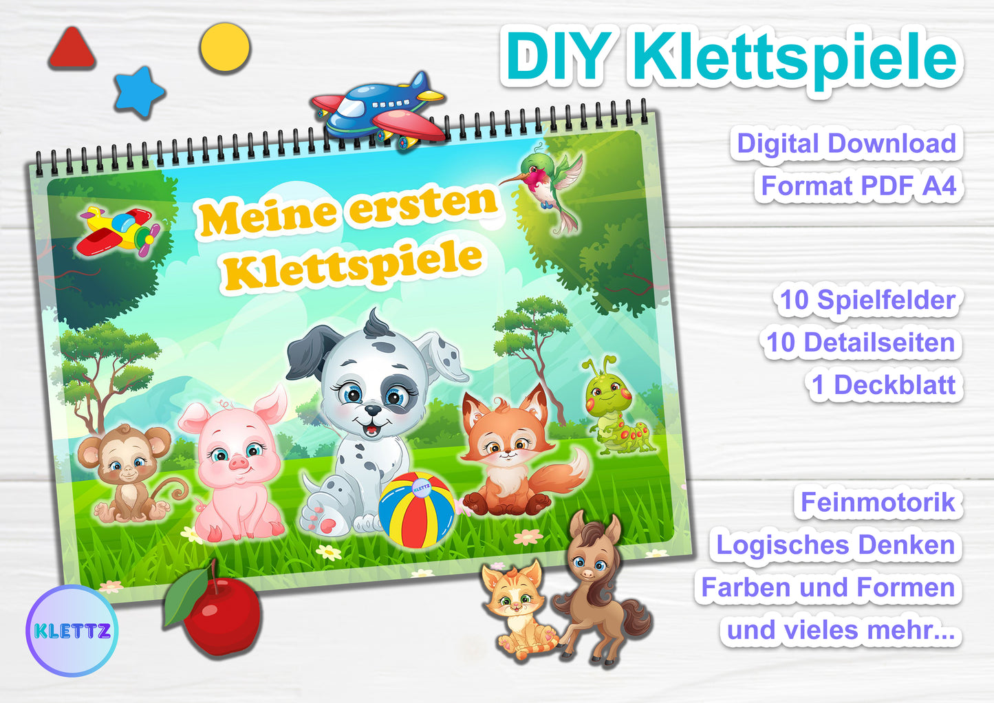 Meine ersten Klettspiele – farbenfrohes Lernspiel für Kinder mit Tieren wie Hund, Fuchs und Schwein. Klettspiel-Album zur Förderung von Feinmotorik, logischem Denken und Farbenlehre. PDF-Format zum Download
