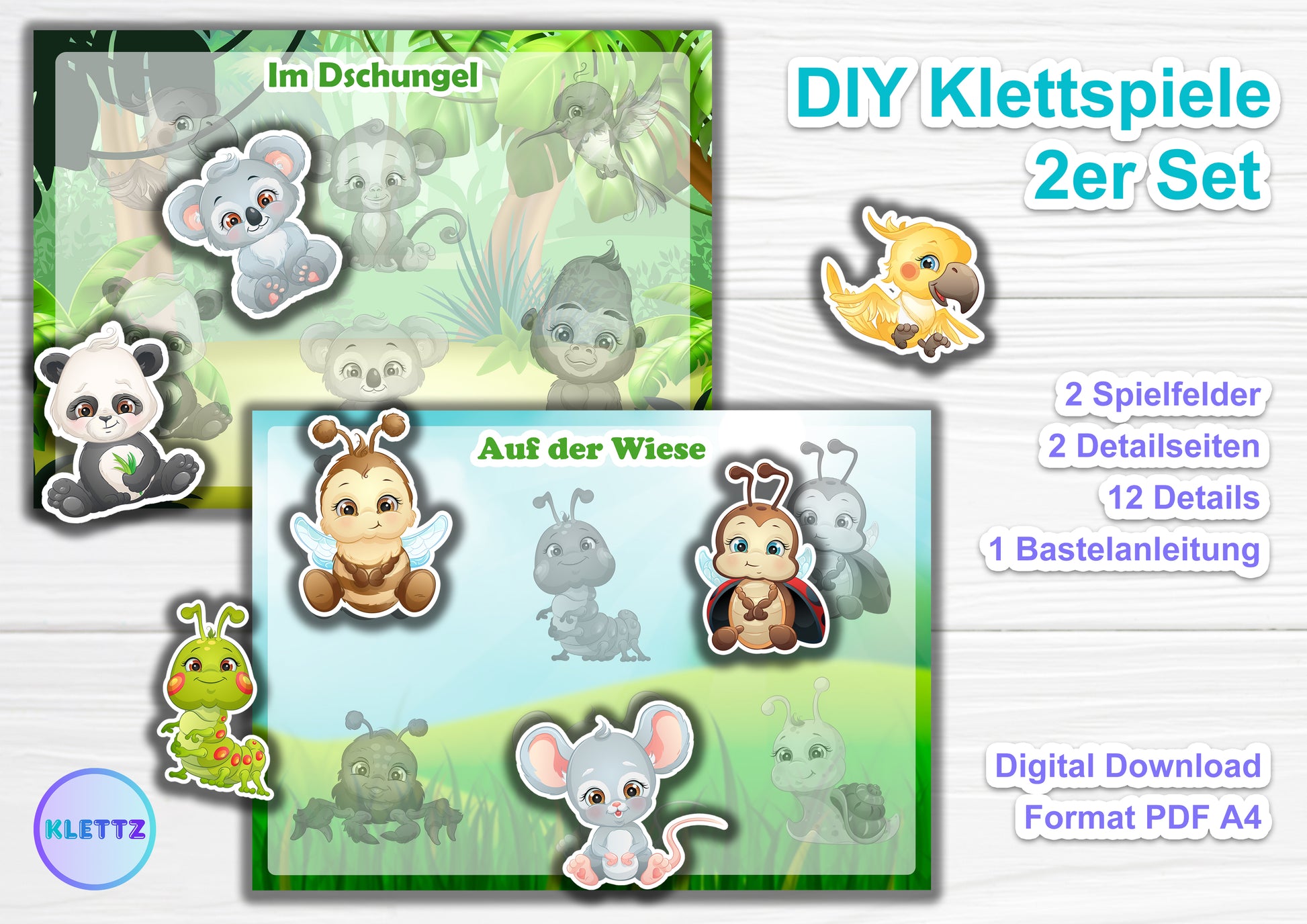 DIY Klettspiele 2er Set 'Im Dschungel' und 'Auf der Wiese'. Zwei Spielwelten mit süßen Tierfiguren wie Panda und Biene. Digitales Lernspiel zur Förderung der Feinmotorik, logisches Denken für Kinder im PDF-Format zum Download.