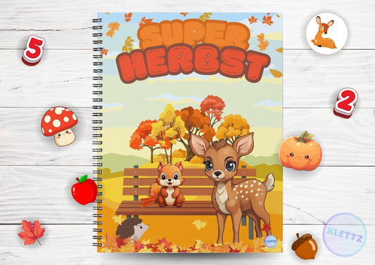 Super Herbst Kinder Spiel mit Waldtieren wie Eichhörnchen, Reh und Igel. Lernspiel für Kindergarten- und Vorschulkinder mit farbenfroher Herbstlandschaft und spielerischen Elementen zur Förderung von Zählen, Mustererkennung und Feinmotorik