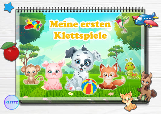 Meine ersten Klettspiele – Lernalbum für Kinder mit Tieren wie Hund, Fuchs und Schwein. Spielerisch lernen durch Farben, Formen und Feinmotorikübungen. Ideal für Kinder im Vorschulalter.