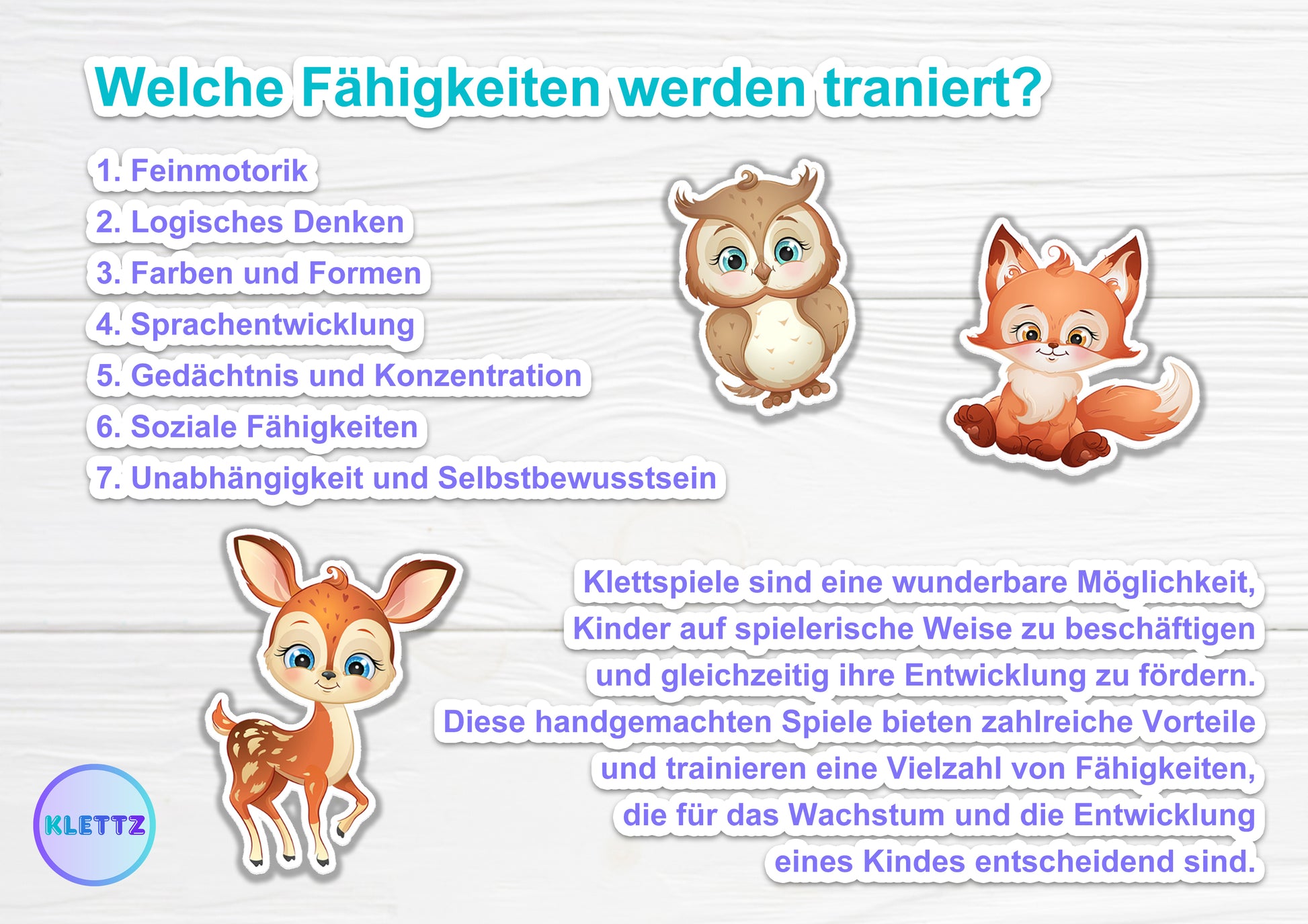 Welche Fähigkeiten werden trainiert? Klettspiele fördern Feinmotorik, logisches Denken, Farben- und Formenerkennung sowie Sprachentwicklung und soziale Fähigkeiten. Ideal für Kindergartenkinder.