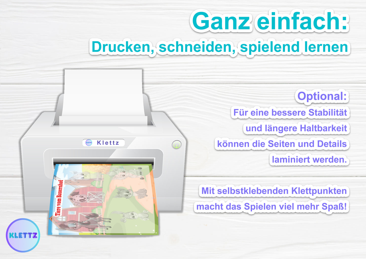 DIY Klettspiele – Anleitung zum Drucken und Spielen. Optional können die Seiten und Details für mehr Stabilität laminiert werden. Perfektes Lernspiel zur Förderung der Feinmotorik und Kreativität bei Kindern