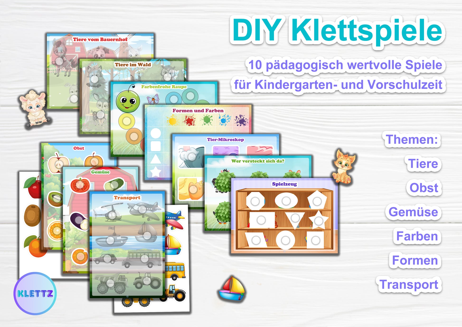 DIY Klettspiele mit verschiedenen Themen wie Tiere, Obst, Gemüse, Farben und Formen. 10 pädagogische Spiele für Kinder im Vorschulalter zur Förderung von logischem Denken und Kreativität.
