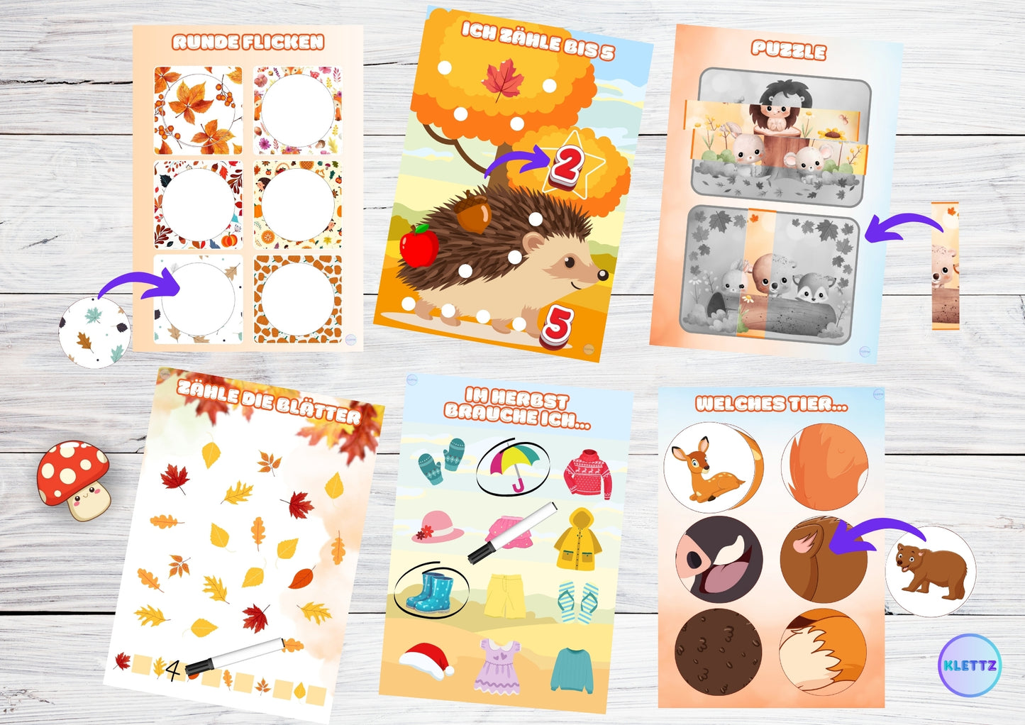 Herbstliches Lernspiel mit Aktivitäten wie Mustererkennung, Zählen bis 5 und Puzzles. Farbenfrohe Seiten zum Ausdrucken und Ausfüllen, ideal für Kinder im Kindergartenalter.