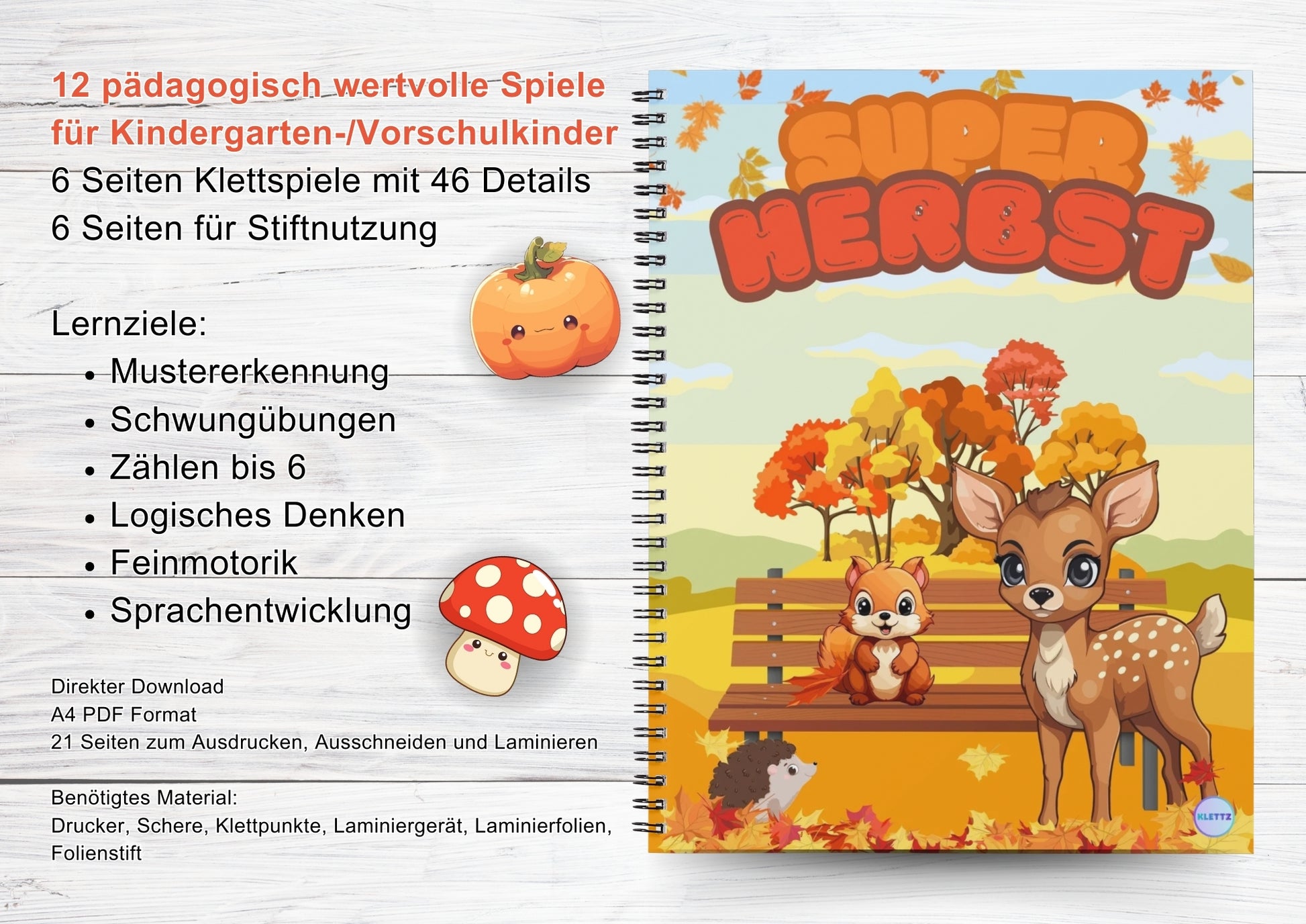 Super Herbst Lernspiel für Vorschulkinder mit 12 pädagogischen Spielen. Enthält Klettspiele und Stiftübungen zur Förderung von logischem Denken, Feinmotorik und Sprachentwicklung. PDF-Format zum Ausdrucken.