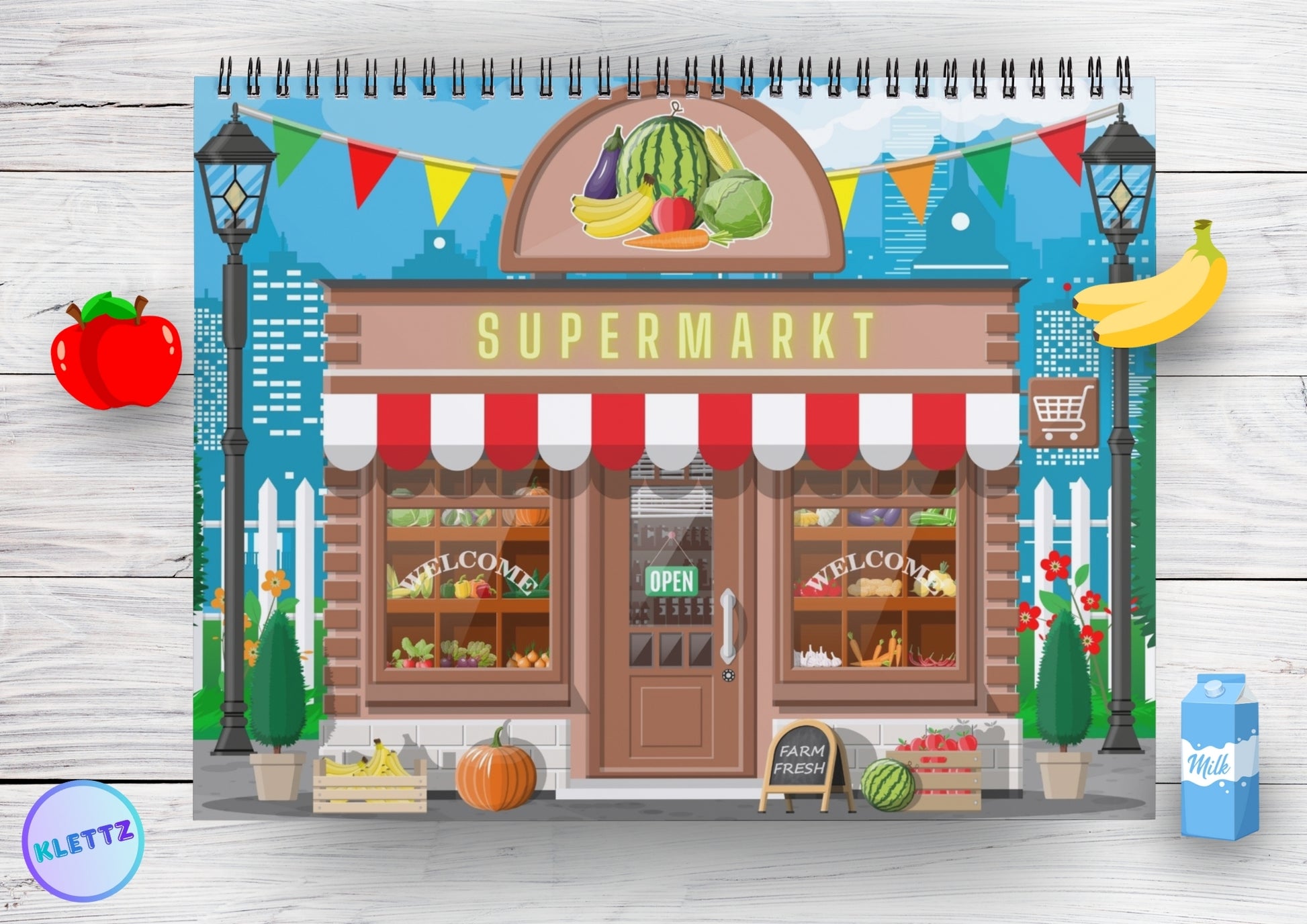 Supermarkt-Spiel für Kinder mit einem Laden als Vorlage zum Ausdrucken. Bunte Illustration eines Supermarkts mit Obst, Gemüse und anderen Lebensmitteln. Perfekt für Rollenspiele und zum Lernen von Lebensmitteln.