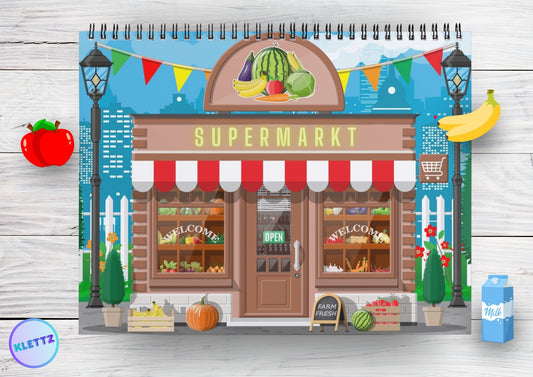 Supermarkt-Spiel für Kinder mit einem Laden als Vorlage zum Ausdrucken. Bunte Illustration eines Supermarkts mit Obst, Gemüse und anderen Lebensmitteln. Perfekt für Rollenspiele und zum Lernen von Lebensmitteln.