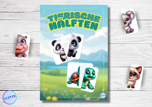 DIY-Spiel 'Tierische Hälften' mit einem Kartenspiel, bei dem Kinder Tierhälften wie Panda, Koala, Nilpferd und Katze richtig zusammenfügen müssen. Lernspiel zur Förderung der Hand-Auge-Koordination und Problemlösungsfähigkeit.