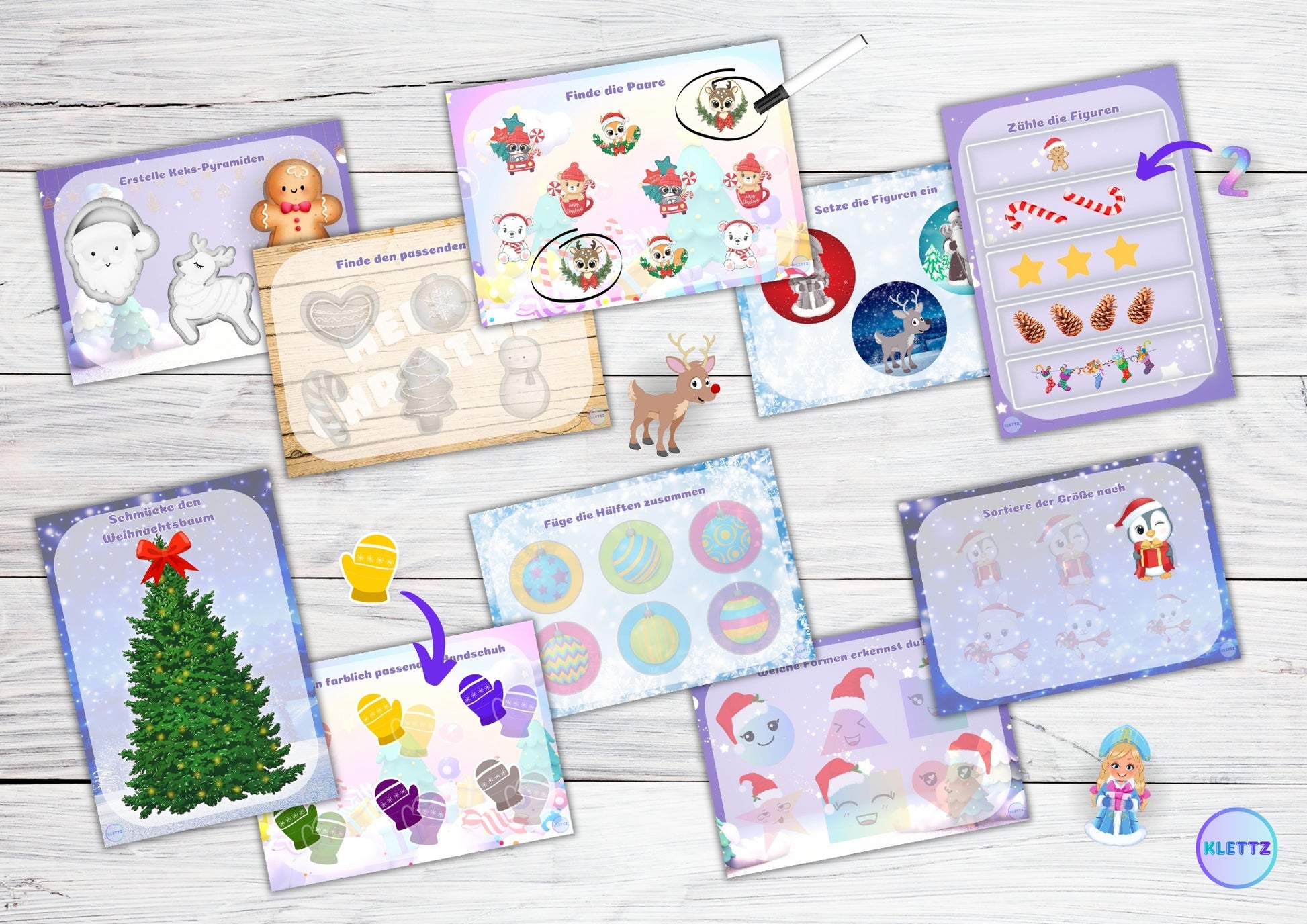 DIY-Weihnachtsalbum mit verschiedenen Lernspielen für Kinder, darunter Kekse gestalten, Weihnachtsbaum schmücken und passende Formen finden. Die bunten, weihnachtlich gestalteten Arbeitsblätter fördern Fähigkeiten wie Muster- und Formerkennung, logisches Denken und Zählen. Perfekt für Kinder im Vorschulalter.
