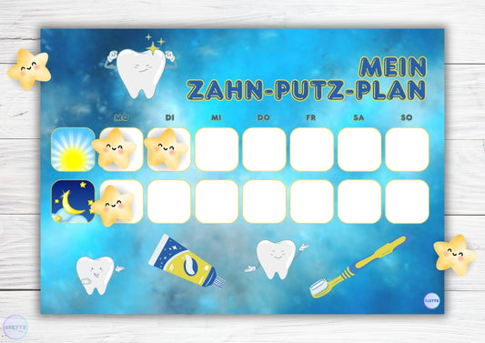 Zahnputzplan für Kinder mit Sternbelohnung und Zahn-Motiv. Spielerische Zahnpflegehilfe zur Motivation von Kindern, regelmäßig Zähne zu putzen, mit Feldern für morgendliches und abendliches Zähneputzen.