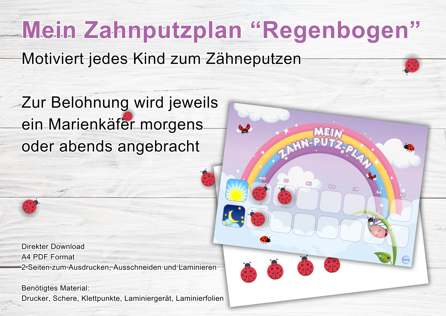 Mein Zahnputzplan 'Regenbogen' – Motivationsplan für Kinder, um das Zähneputzen zu fördern. Mit Marienkäfer als Belohnung für morgendliches und abendliches Zähneputzen. PDF zum Download, Ausschneiden und Laminieren.