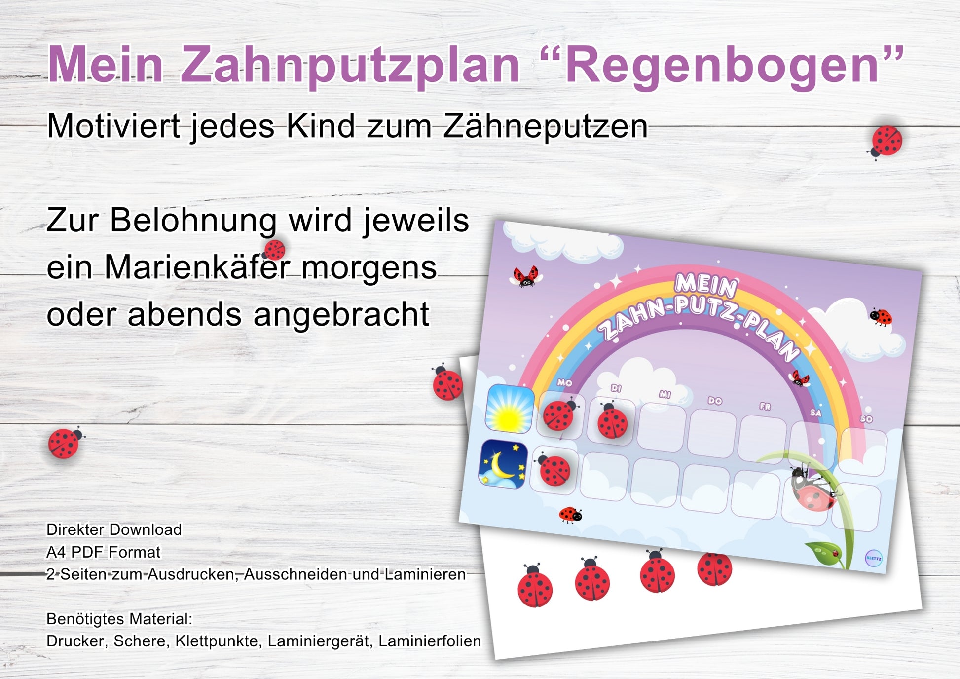 Mein Zahnputzplan 'Regenbogen' – Motivationsplan für Kinder, um das Zähneputzen zu fördern. Mit Marienkäfer als Belohnung für morgendliches und abendliches Zähneputzen. PDF zum Download, Ausschneiden und Laminieren.