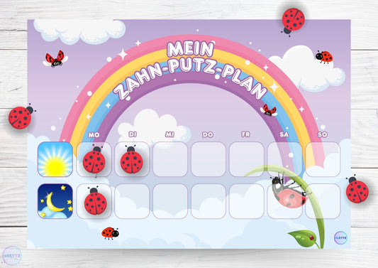 Zahnputzplan für Kinder mit Regenbogenmotiv und Marienkäfer-Belohnungssystem. Spielerisches Hilfsmittel zur Motivation von Kindern, regelmäßig Zähne zu putzen, mit Feldern für jeden Tag der Woche.